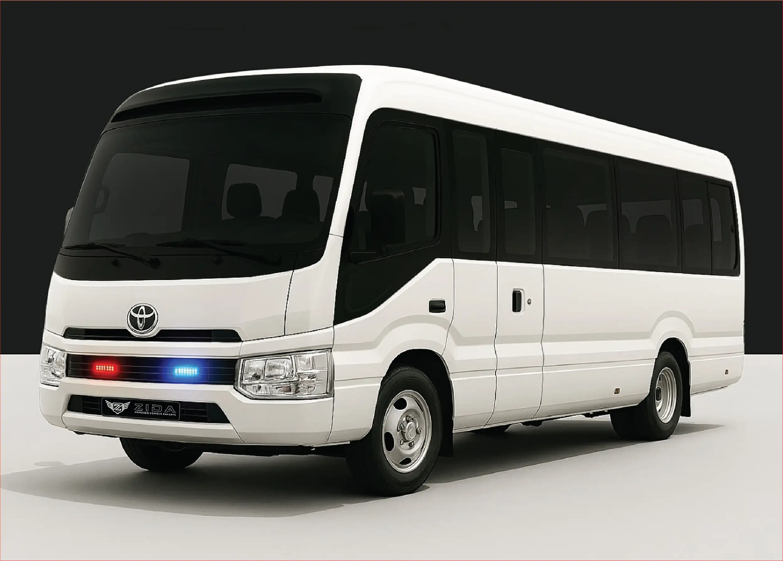 Armored Toyota Coaster bus for secure personnel transport